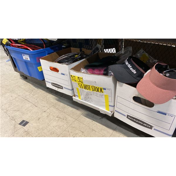 SHELF OF SPORTING GOODS - SQUASH RACKETS, TENNIS RACKETS, ALUMINUM BASEBALL BAT, SKATE COVERS, MINI