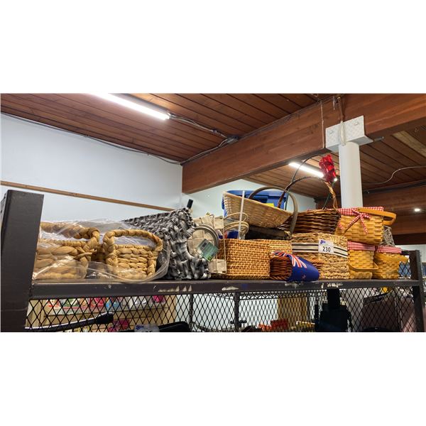 SHELF OF ASSORTED DECORATIVE BASKETS