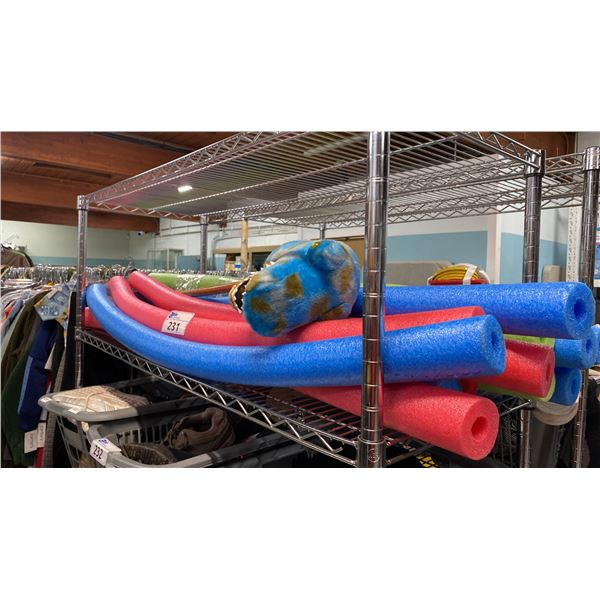 SHELF OF POOL NOODLES & A CHILDRENS DINOSAUR