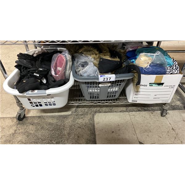 SHELF OF ASSORTED WOMENS CLOTHING, GLOVES, SLIPPERS & MORE