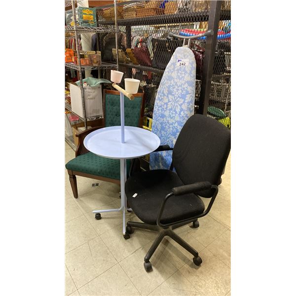 IRONING BOARD, VINTAGE ARMCHAIR, BLACK OFFICE CHAIR, 2 FOLDING CHAIRS & BLUE MOBILE STAND