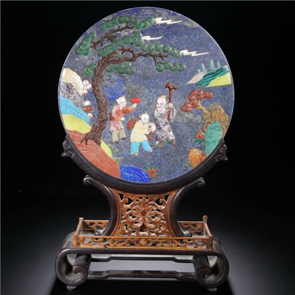 Lapis Lazuli Inlaid Precious Gemstone Story Screen Under the Pine
