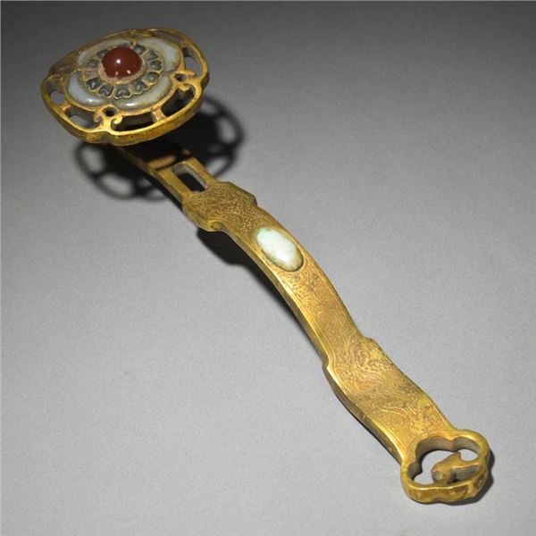 Golden Gilt Copper Cloisonné-Embroidered Multi-Jewel Ruyi