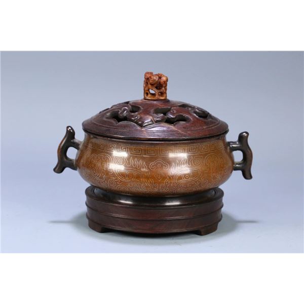 Ming Dynasty 'Shishou' Marked Copper and Silver Inlaid Tripod Censer with Taotie Pattern and Double 