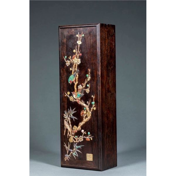 Zitan Wood Copper Inlaid Floral and Bird Design Wooden Box