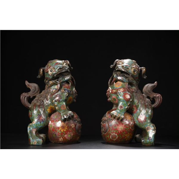 Cloisonné Enamel and Gilt Bronze Lion Statues