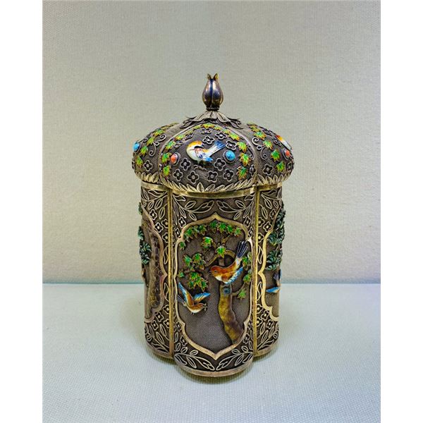 Pure Silver Gilded Filigree Cloisonné Tea Canister