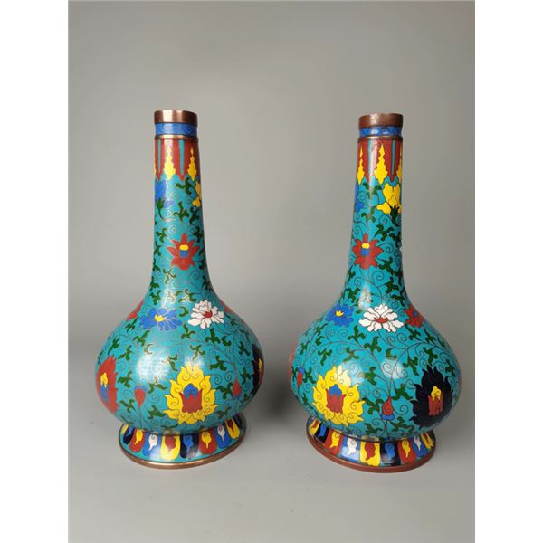 A Pair of Cloisonné Floral Bottles