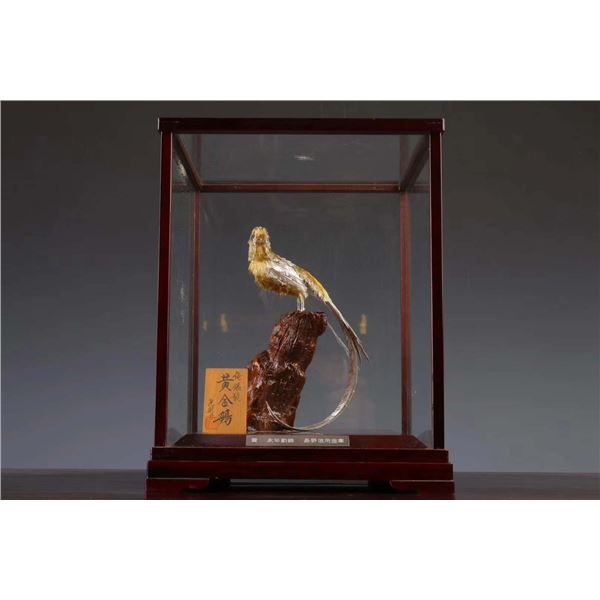 Sterling Silver Gilded Brushed Gold Long-Tailed Rooster Sculpture