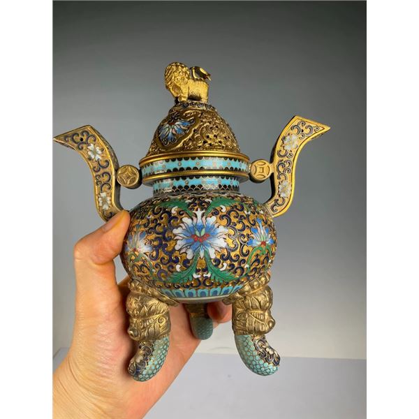 Cloisonné Gilt Incense Burner with Dragon Finial