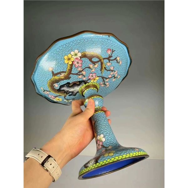 Cloisonné Blue Background Cloud Brocade Pedestal Plate with Floral Rim