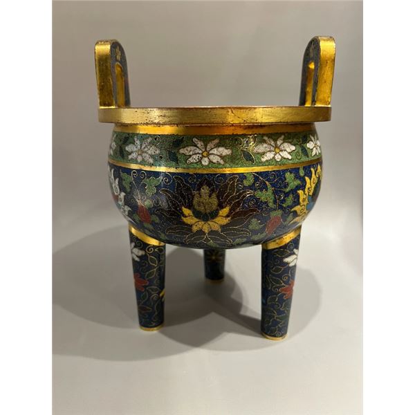 Cloisonné Enamel Tripod Censer with Lotus Scrolls