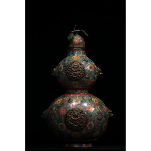 Floral-Patterned Bronze Carved Gourd Bottle