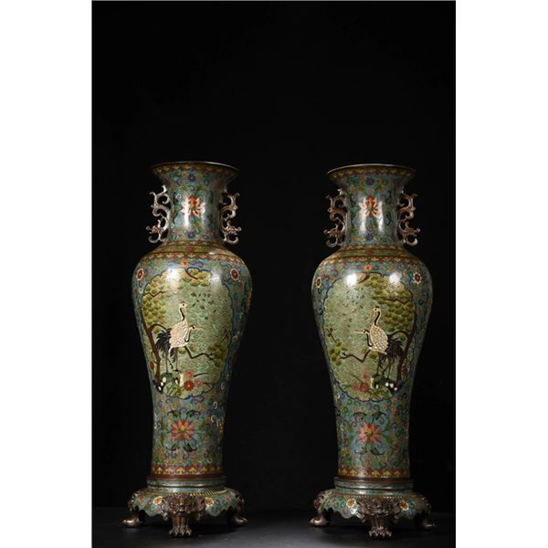 Cloisonné "Pine and Crane Longevity" Dragon-Eared Vases (Pair)