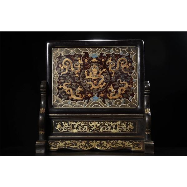 Antique Wood-Based Lacquered "Dragon Playing with Pearl" Screen