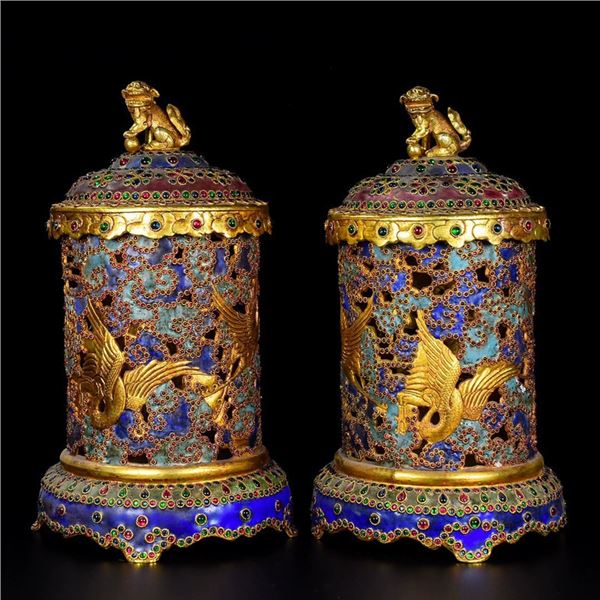 Cloisonné Gemstone Inlaid Double Phoenix Incense Burner Sculptures (Pair)