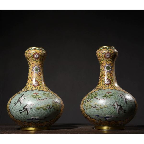 Cloisonné "Pine and Crane Longevity" Garlic-Head Vases (Pair)