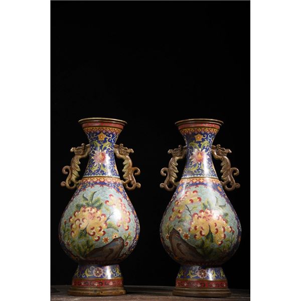 Cloisonné Vases with Floral Motifs and Dragon Handles