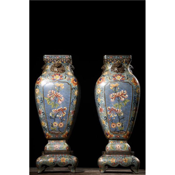 Cloisonné Square Vases with Floral Motifs on Blue Ground