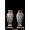 Image 8 : Cloisonné Square Vases with Floral Motifs on Blue Ground