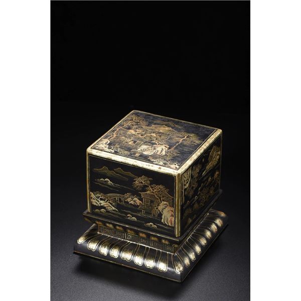 Lacquered Scholar’s Box with Gilt Landscape and Figures
