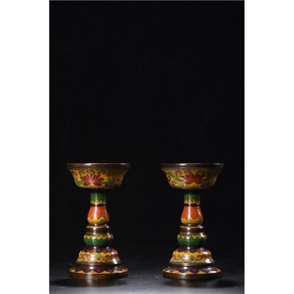 Pair of Cloisonné Candlesticks with Floral Motifs