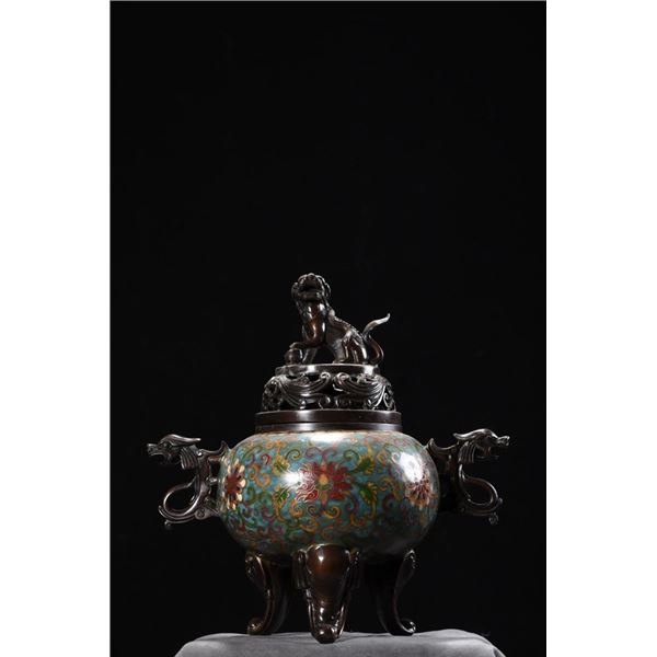 Cloisonné Tripod Censer with Dragon Handles and Lion Finial