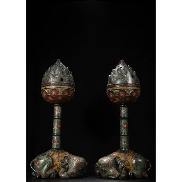 Pair of Cloisonné Lotus Incense Burners