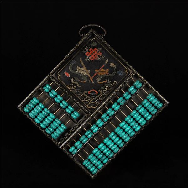 Carved Lacquer Hanging Screen with Jade Inlaid Abacus and Double Dragon Motif