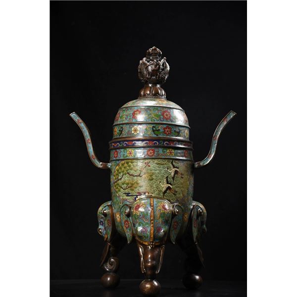 Cloisonné Tripod Censer with Beast Handles and Cover