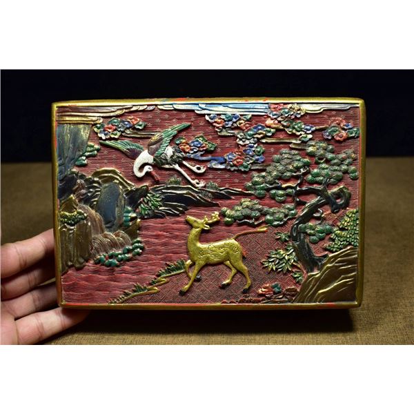 Engraved and Painted Box with Deer and Crane Motifs