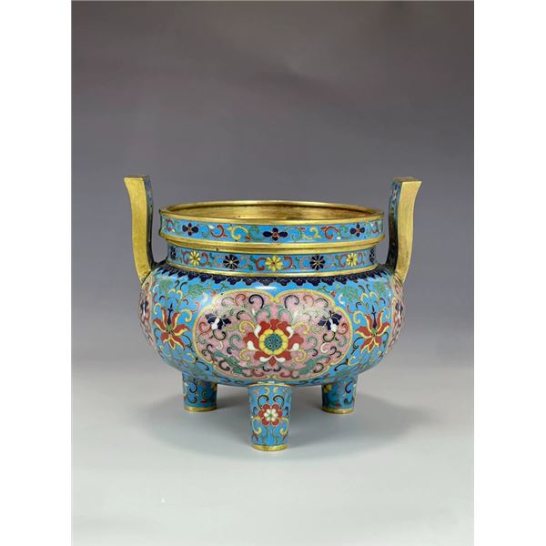 Cloisonné Tripod Censer with Lotus Scrolls