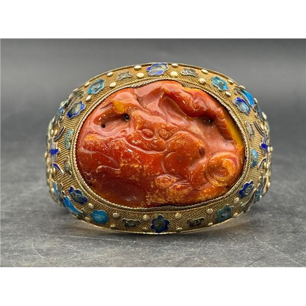 Silver Gilded Filigree Cloisonné Ming-Qing Era Honey Amber "Fu Shou" Palace Bangle