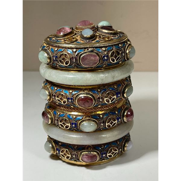 Silver Filigree Cloisonné with Tourmaline and Jade Bangle Tea Canister