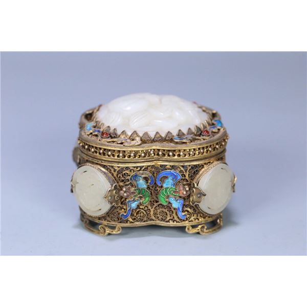 Silver Gilded Filigree Inlaid Hetian Jade Covered Box