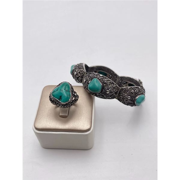 F92 Export Premium Silver Filigree Inlaid Natural Turquoise Ring and Bracelet Set