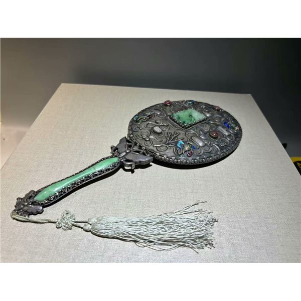 Silver Hand Mirror Inlaid with Jadeite