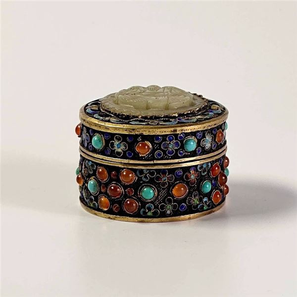 European-Returned Silver-Gilt Cloisonné Enamel Box with Ming Dynasty Hetian White Jade Carving of Sh