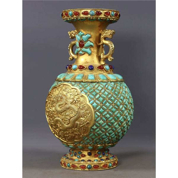 Gilt-Bronze Double-Handled Vase Inlaid with Turquoise