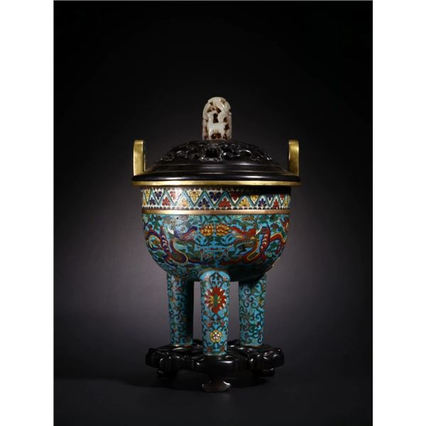 Gilt-Bronze Cloisonné Incense Burner with Floral and Dragon Motifs
