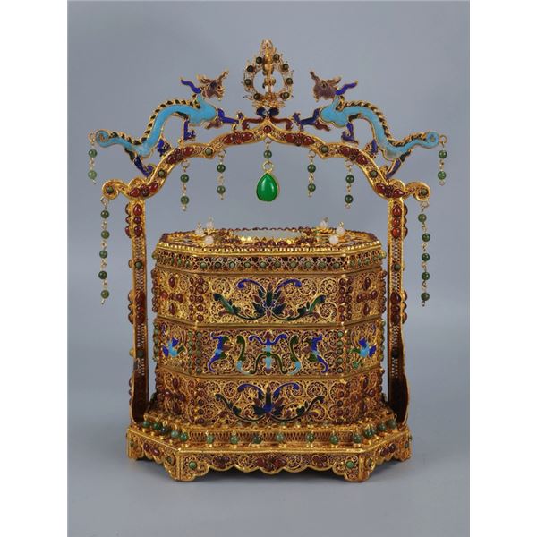 Gilt-Bronze Filigree-Inlaid Jade Food Box