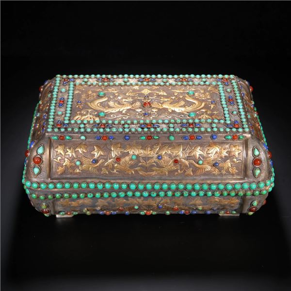 Gilt-Bronze Jeweled Casket with Engraved Phoenix Design