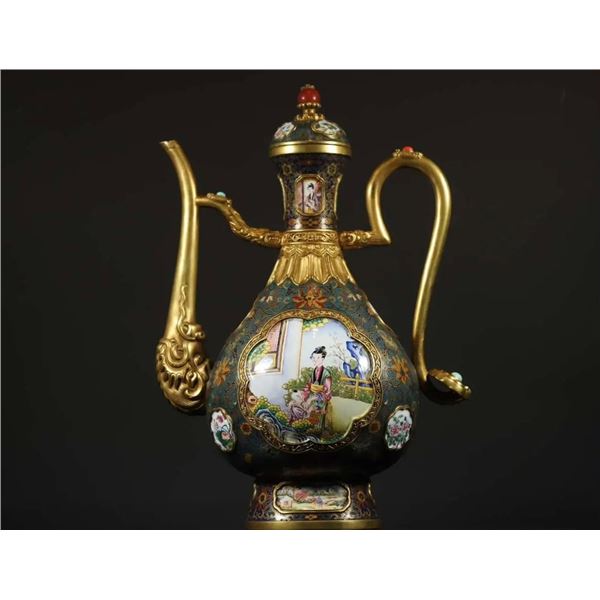 Cloisonné Enamel Ewer with Figural Panels on Copper Body