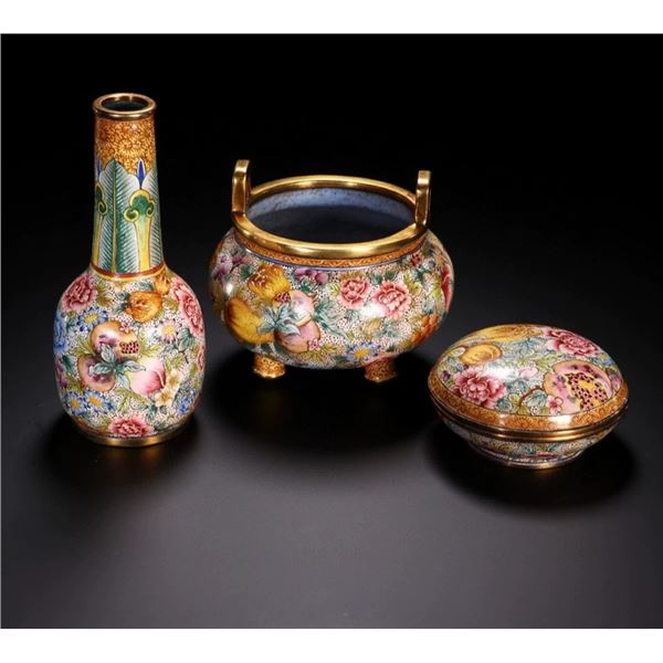 Copper-Based Painted Enamel Incense Holder with Floral and Fruit Motifs