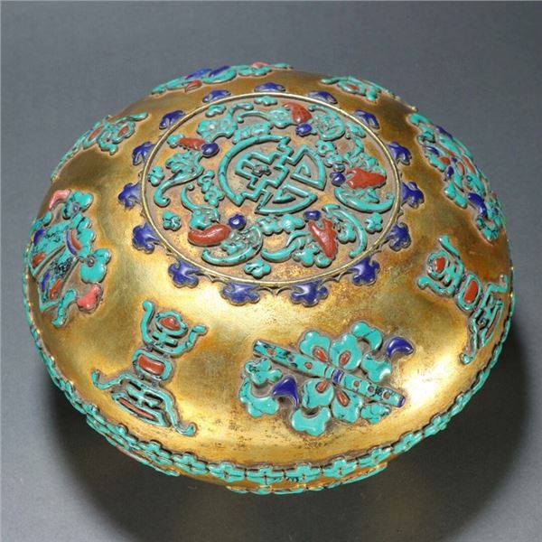 Exquisite Gilt Copper Box with Auspicious Eight Treasures