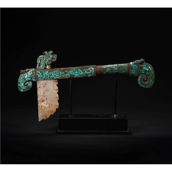 Bronze Gē with Turquoise and Jade Inlays