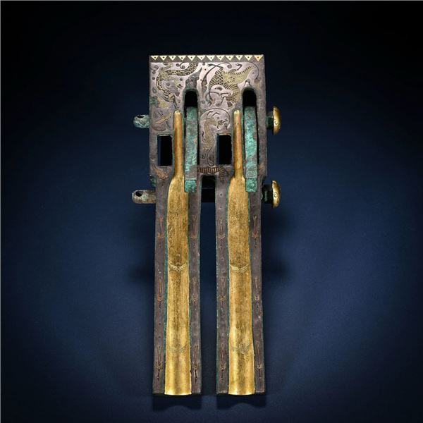 Bronze Inlaid with Gold and Silver Double Crossbow