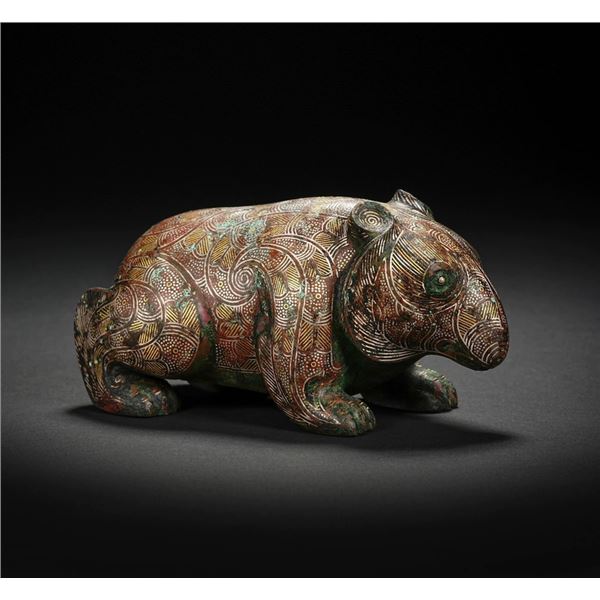 Bronze Gilt and Silver Inlaid Bear Sculpture from the Warring States to Han Dynasty
