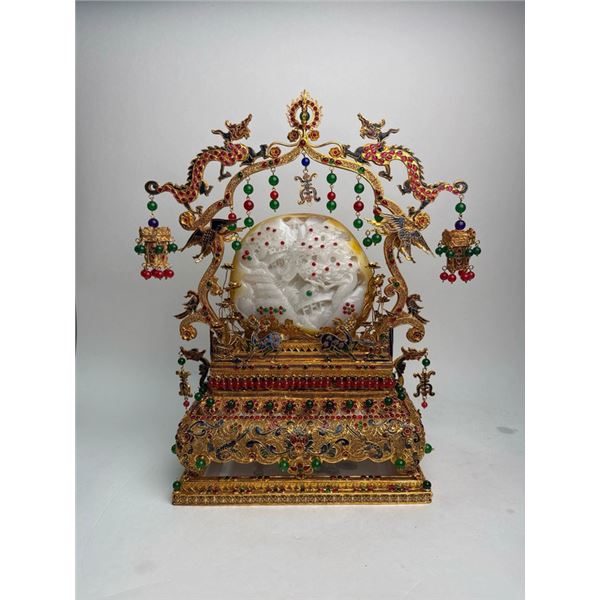 Cloisonné Gilded Inlay Hetian Jade Landscape Pavilion Screen Ornament