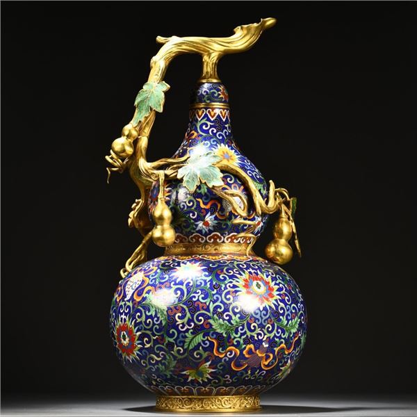 Gilded Copper Cloisonné Enamel Gourd Floral Vase